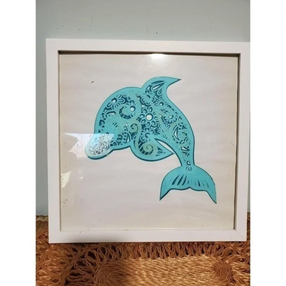Coastal Sea Life Art Set of 3 Framed Dolphin Turtle Seahorse Teal Beach Decor